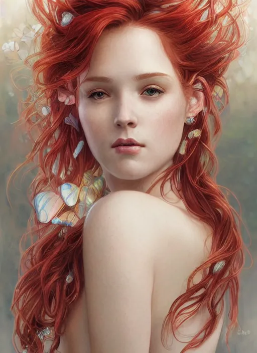 Image similar to beautiful head and shoulders portrait of a fairy mermaid with red hair, casual clothing, intricate, elegant, highly detailed, digital painting, beautiful highly detailed face, artstation, concept art, smooth, sharp, focus, illustration, art by artgerm and greg rutkowski and alphonse mucha