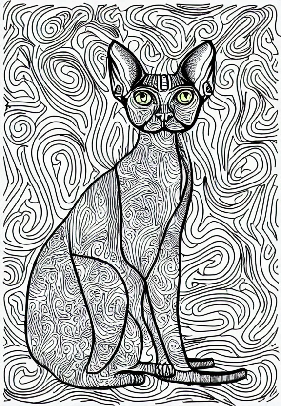 Image similar to sphynx cat statue ornaments fractal ink drawing line art colouring page, vector, margins, fine lines, centered