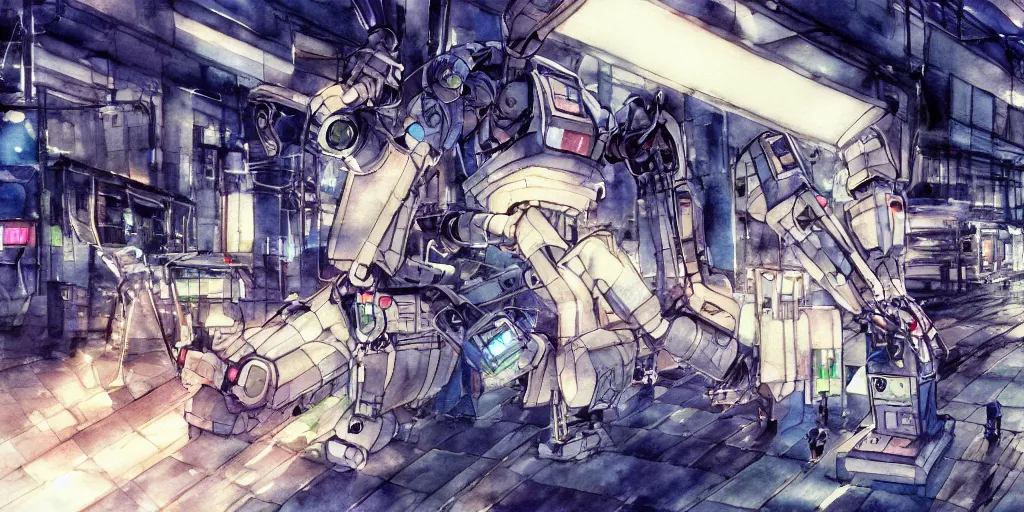 Image similar to watercolour painting of a broken robot repairing itself, anime, pencil lines, light watercolour, pale sky, beautiful artwork, anime screenshot, akihabara