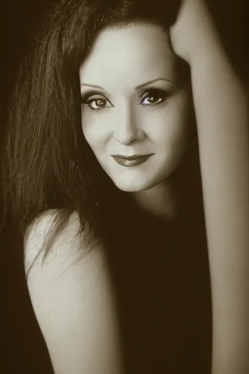 Prompt: photo portrait of amy yasbeck, head centered portrait, enigmatic, smiling, head in focus, shot with hasselblad, 5 0 mm lens, photography, very soft diffuse lights, by yousuf karsh, fine film grain, dark smoky background