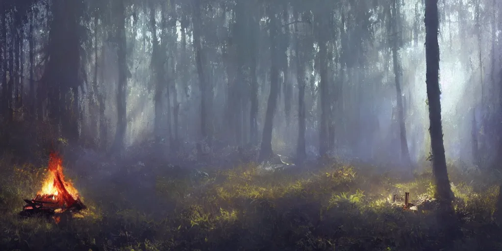 Image similar to A Craig Mullins oil painting of a hauntingly beautiful forest in the morning with a small campfire; rays of light coming through the canopy; trending on artstation; extraordinary masterpiece!!!!!!; 8k