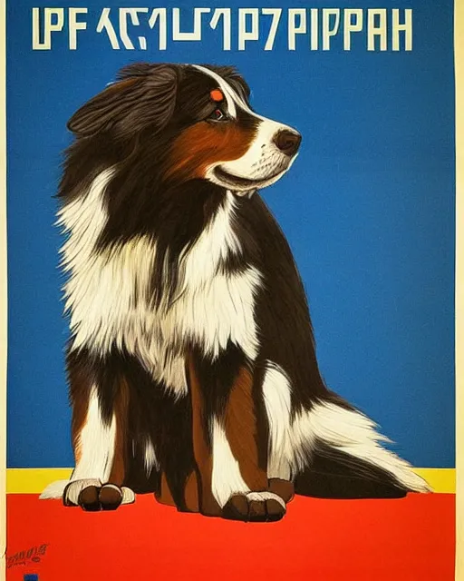 Image similar to soviet propaganda poster of an australian shepherd, soviet art