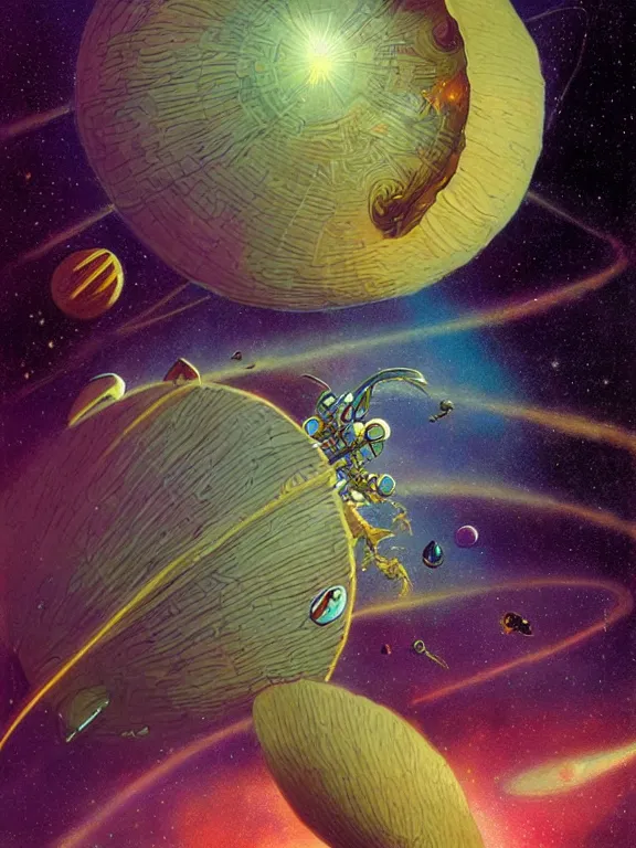 Prompt: round coconut space rocket fly at vanilla orchids galaxy cosmic nebula, style of moebius, vincent di fate, john berkey, michael whelan volumetric light, mega detailed, beautiful composition, beautiful lighting