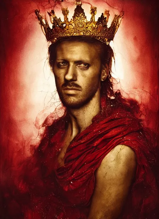 Image similar to 'Portrait of Crowned King Arthur' by Lee Jeffries royally decorated, whirling plasma, atmospheric motes, red and gold Sumptuous garb, gilt silk fabric, radiant colors, fantasy, perfect lighting, studio lit, micro details,