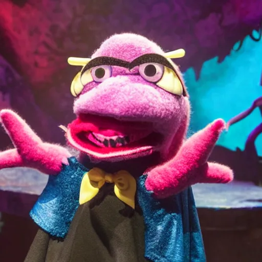 Image similar to a marketable plush muppet of a goth mantaray, in the style of muppets, lighting and character design from spongebob the musical on broadway, real, photograph, cinematic