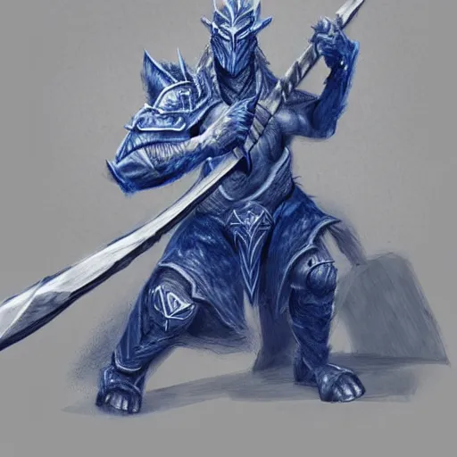 Image similar to fantasy concept art; portrait of a blue dragonborn wielding an axe; barbarian clothing; detailed sketch