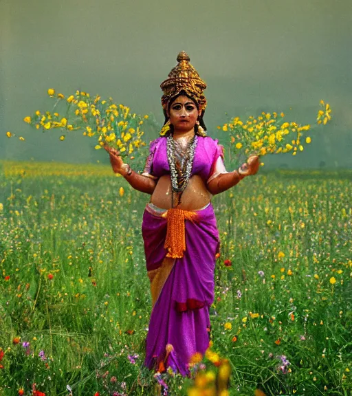 Image similar to hindu goddess standing looking at you at distance in beautiful meadow of flowers, film photo