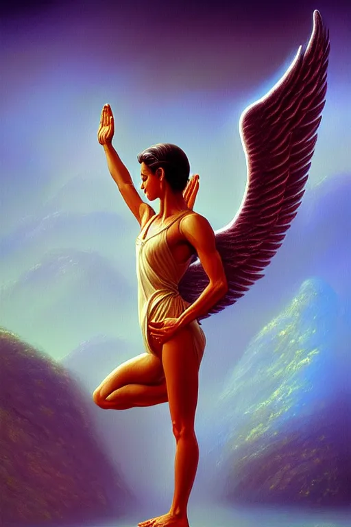 Image similar to angel doing yoga in temple, fantasy, intricate, elegant, highly detailed, digital painting, artstation, concept art, matte, sharp focus art by boris vallejo, smooth, sharp focus, illustration