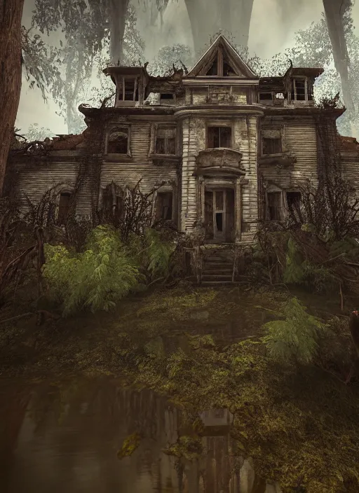 Image similar to an abandoned hell mansion on a ominous forest biome by pixar, smooth, cinematic, wet reflections, ray tracing x, rtx, smooth