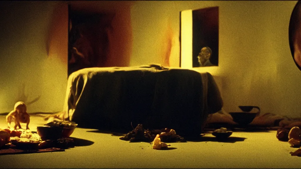 Image similar to the face with the plate of food under my bed, film still from the movie directed by denis villeneuve and david cronenberg with art direction by salvador dali and zdzisław beksinski, wide lens