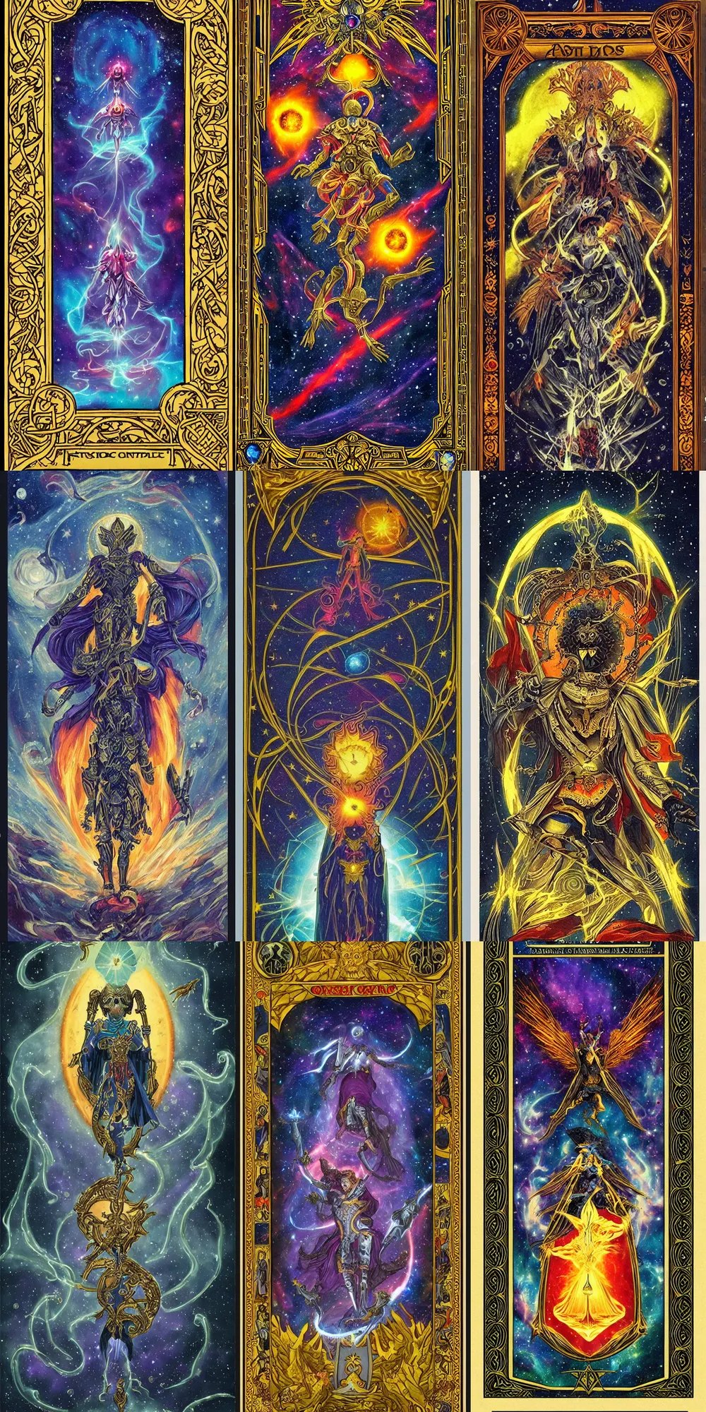 Prompt: Tarot card with ornate border frame containing a cosmic reaper::5 , epic composition, detailed, epic atmosphere, as a tarot card, galaxy, nebula, space atmosphere