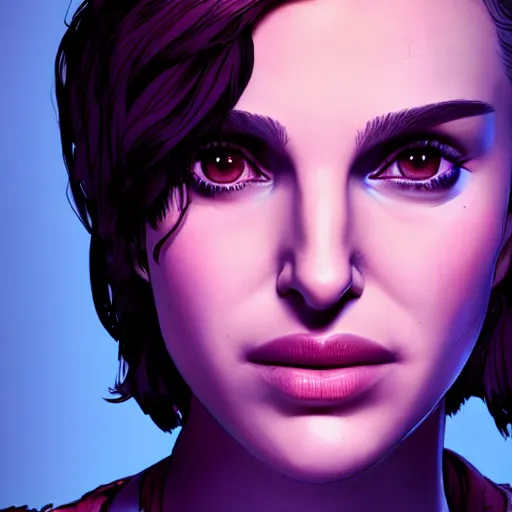 Image similar to natalie portman portrait, borderlands, tales from the borderlands, the wolf among us, comic, cinematic lighting, studio quality, 8 k