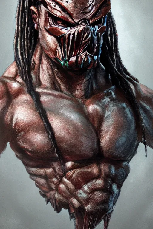 Image similar to predator 1 9 8 7 face redesign, portrait, highly detailed, dreadlocks, mandables, digital painting, trending on artstation, concept art, illustration