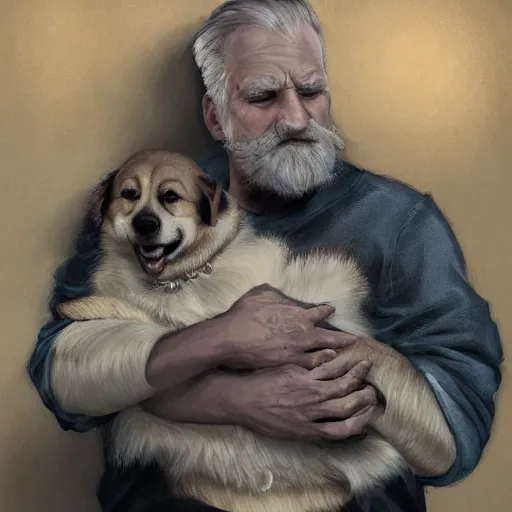 Image similar to portrait of a old, ruggedly handsome bearded man cuddling a corgi dog, soft hair, muscular, half body, cloth, d & d, fantasy, intricate, elegant, highly detailed, digital painting, artstation, concept art, smooth, sharp focus, illustration, art by artgerm and greg rutkowski and alphonse mucha