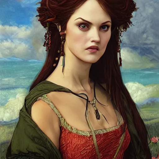 Image similar to amazing artgerm portrait of kelsey grammar as a preraphaelite painting, collaboration with j. scott campbell and artgerm with edward burn jones