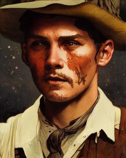 Image similar to side portrait Appalachian bootlegger boy with detailed features, moonshining still in the backdrop, dirt, Appalachian mountains, sharp focus, illustration, highly detailed, oil painting, matte, art by Greg Rutkowski and Alphonse Mucha, masterpiece