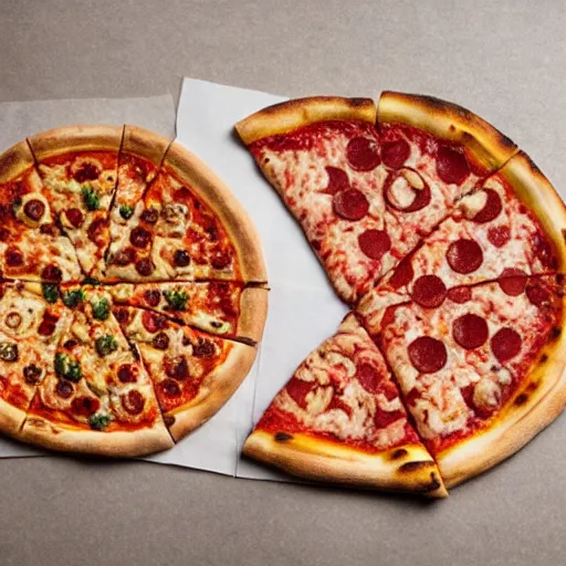 Prompt: a pizza and a roman pinsa side by side,studio lighting