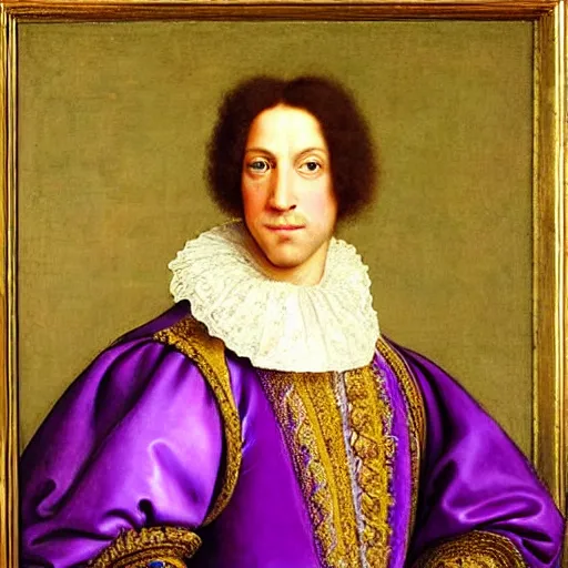Image similar to renaissance portrait of Prince wearing an extravagant purple outfit, masterpiece by Eugene de Blaas