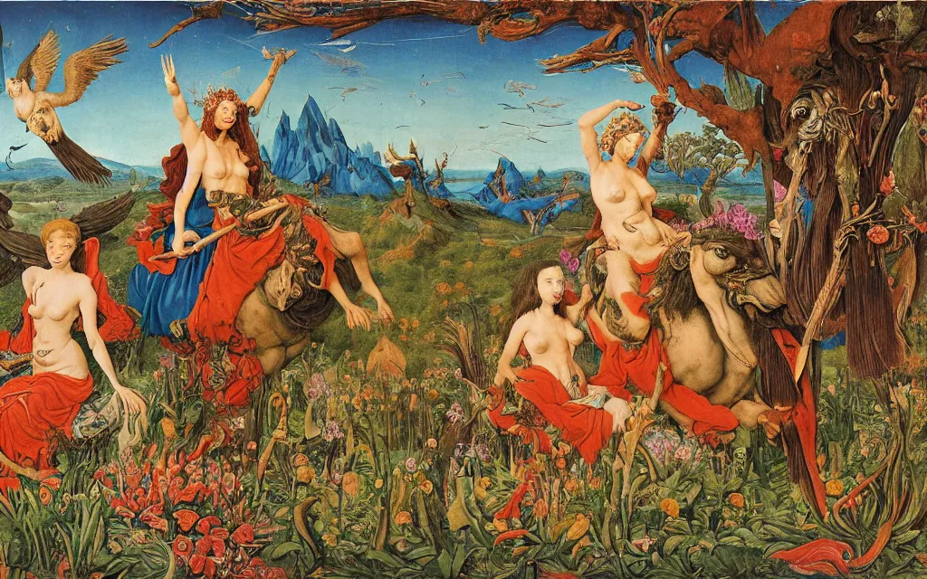 Image similar to a portrait photograph of a meditating harpy and a centaur king riding eagles and hunting at a river delta. surrounded by bulbous flowers and trees. mountain range under a blue sky of fiery stars. by jan van eyck, max ernst, ernst haeckel, ernst fuchs and artgerm, cgsociety, fashion editorial, 8 k