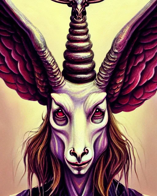Image similar to painting of baphomet, esoteric, muted colors, head in focus, fantasy art, ornamental aesthetics, intricate, elegant, highly detailed hyperrealistic painting, artstation, concept art, painterly, sharp focus, illustration, art by lois royoi