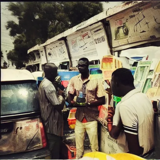 Image similar to old polaroids of futuristic african mobile market places in lagos traffic, side of taxi as fruit stand