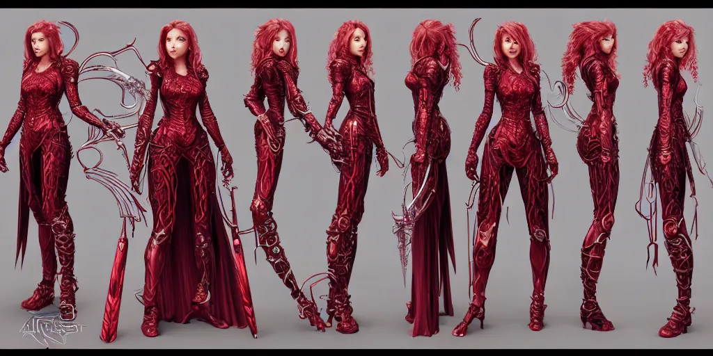 Prompt: highly detailed cdpr character sheet design of armor witch 8 k metahuman, hajime sorayama, red long wavy hair, red velvet rose lace dress, artgerm, alphonse mucha, clear symmetrical face, game assets, swarovski, unreal engine, sharp focus, jewelry iridescent, illustration, artstation