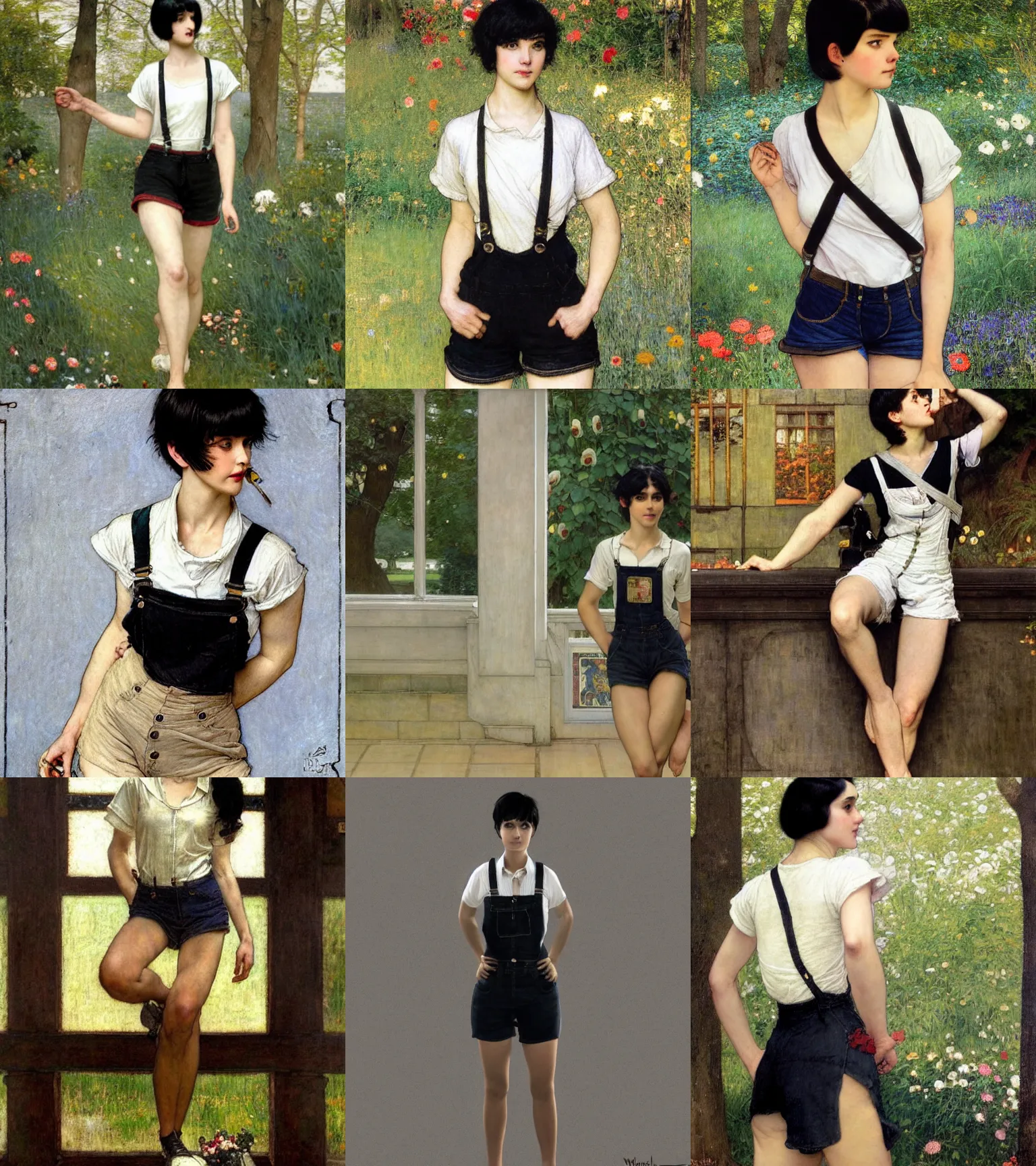 Prompt: a woman with black hair and long pixie haircut in shorts with suspenders and white t-shirt drawn by william waterhouse, norman rockwell, alphonso azpiri, peter paul rubens, alphonse mucha, gustav klimt 4k, unreal 5, DAZ, french noveau, trending on artstation, octane render, hyperrealistic