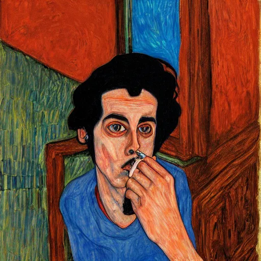 Prompt: a wide angle fine art painting of man with black hair smoking a spliff at the glass door of a balcony at night shown from inside, inspired by the styles of wes anderson, and egon schiele and ( edward hopper ), toned orange and pastel pink