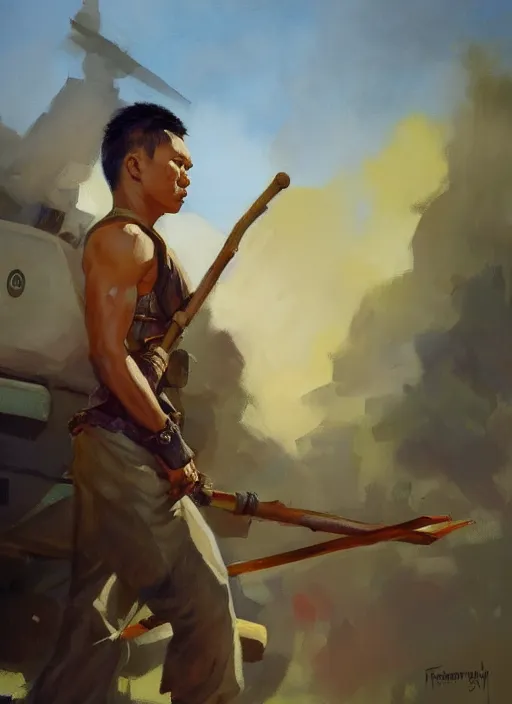 Image similar to greg manchess side portrait of a filipino fighter with a staff standing in front of a tank, organic painting, sunny day, matte painting, bold shapes, hard edges, street art, trending on artstation, by huang guangjian, gil elvgren, ruan jia, randy vargas, greg rutkowski