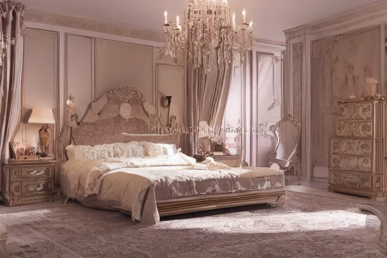 Prompt: Bedroom, exquisite decoration, all restoration furniture