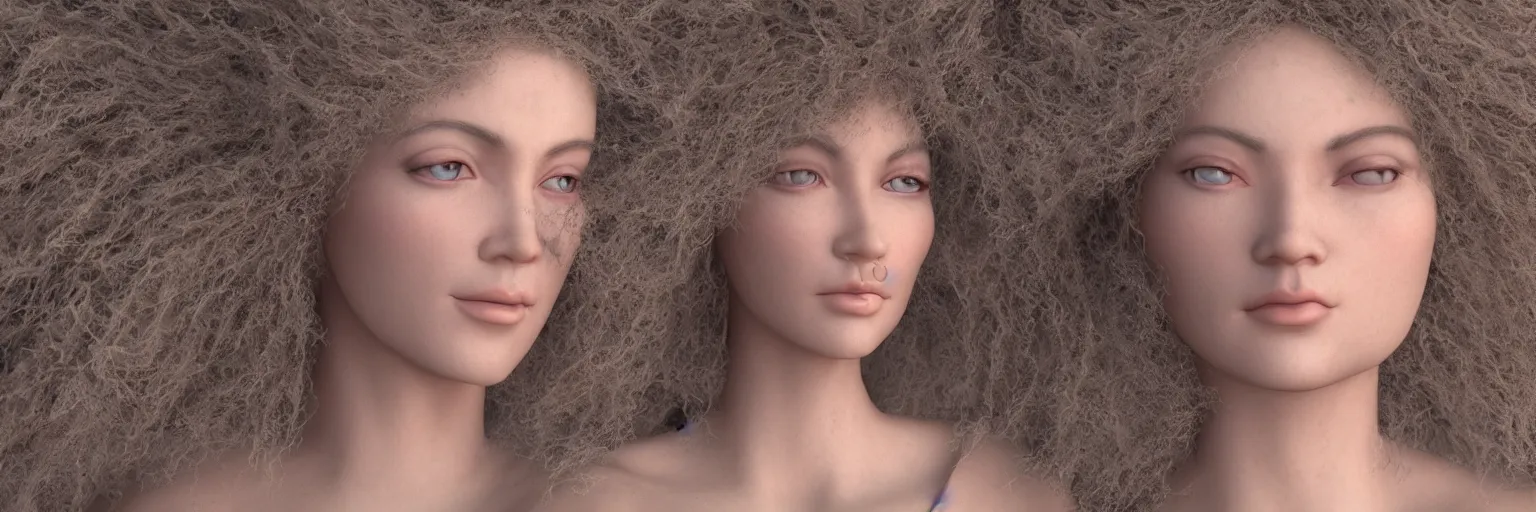 Prompt: A portrait of a very beautiful goddess with hair made of volumetric displacement, arnold render,subsurface scattering, 8k