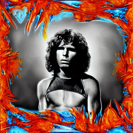Prompt: HD digital photograph of Jim Morrison, the doors, psychedelic, Paris, light my fire, ultra realistic, powerful, iconic, love peace and unity, hippy, flower power