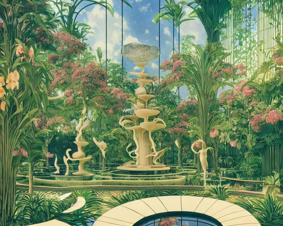 Prompt: an achingly beautiful print of the interior of a glass-walled Art Deco botanic garden, featuring flowing sculptured fountains, tropical flowers, bonsai trees, and classical antiquities by Raphael, Hopper, and Rene Magritte. detailed, romantic, enchanting, trending on artstation.