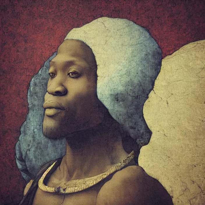 Prompt: a painting of a wise African man by Leonardo da Vinci . dramatic angle, ethereal lights, details, smooth, sharp focus, illustration, realistic, cinematic, artstation, award winning, rgb , unreal engine, octane render, cinematic light, macro, depth of field, blur, red light and clouds from the back, highly detailed epic cinematic concept art CG render made in Maya, Blender and Photoshop, octane render, excellent composition, dynamic dramatic cinematic lighting, aesthetic, very inspirational, arthouse.