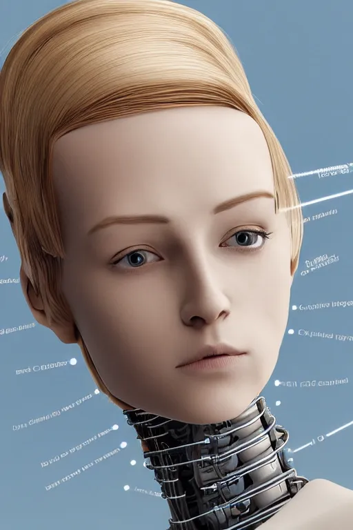 Image similar to robot with human face, female head, full body angle, woman human face, human face realistic, beautiful blonde hair, human head, human head with blonde hair, blonde hair human head, blonde hair, human realistic face, human head skin, cyborg frame concept, cyborg by ales-kotnik, sci-fi android female, the body is made of wires, robotic body, cyborg body, cyborg bust body, robot body cyborg, full body