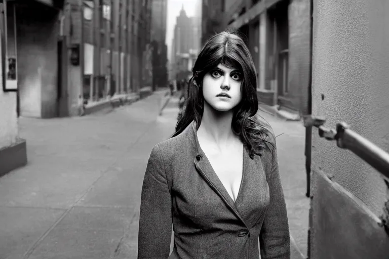 Image similar to alexandra daddario in a smoky new york back street, photograph, natural light, sharp, detailed face, magazine, press, photo, Steve McCurry, David Lazar, Canon, Nikon, focus