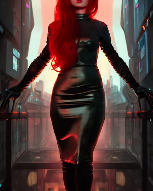 Prompt: Portrait of a futuristic rogue by Charlie Bowater, latex dress, gothic, short red hair, complementary rim lights, backlit, posing, cyberpunk city backdrop