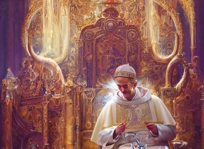 Image similar to worship of the pope, royal robe, gold trim, mysticism, close - up, light effect, hyper detailed, intricate, atmospheric, elegant, photorealistic by paul lehr, marco mazzoni, featured on cgsociety, rococo, whimsical, artstation