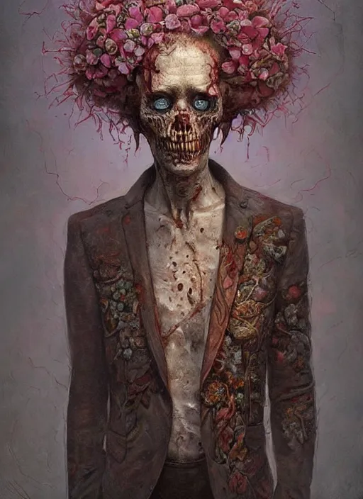 Image similar to a beautifully rendered portrait of an upright and fed up intricately hand - carved zombie wearing a floral embroidered blazer, by gerald brim and tom bagshaw and beksinski, trending on artstation, 8 k, full subject in frame, upright