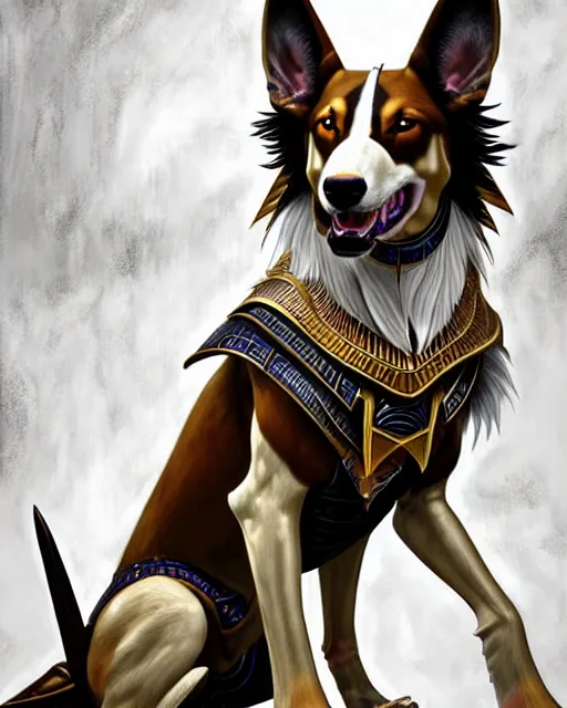 Prompt: nasus the armored egyptian anubis white and brown border collie warrior from videogame league of legends as a white and brown border collie the armored egyptian anubis warrior from videogame league of legends, full portrait, ultra realistic, intricate, elegant, highly detailed, artstation, smooth, sharp, focus, illustration, art by artgerm and greg rutkowski and alphonse mucha