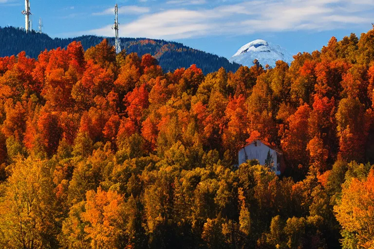 Image similar to a mountain with a radio tower next to a pond, autumn hills in background. telephoto lens photography.