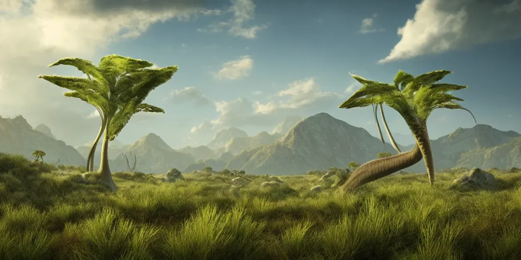 Image similar to a prehistoric fern savanna, a sauropod neck in the background, mountains, clouds, volumetric lighting, hazy, washed out, an award winning digital render, beautiful, ultradetailed, hyperrealistic, great composition