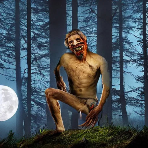 Prompt: man ripping off his skin turning into a werewolf, forest scenery, full moon, illuminated lighting, highly detailed, 4 k