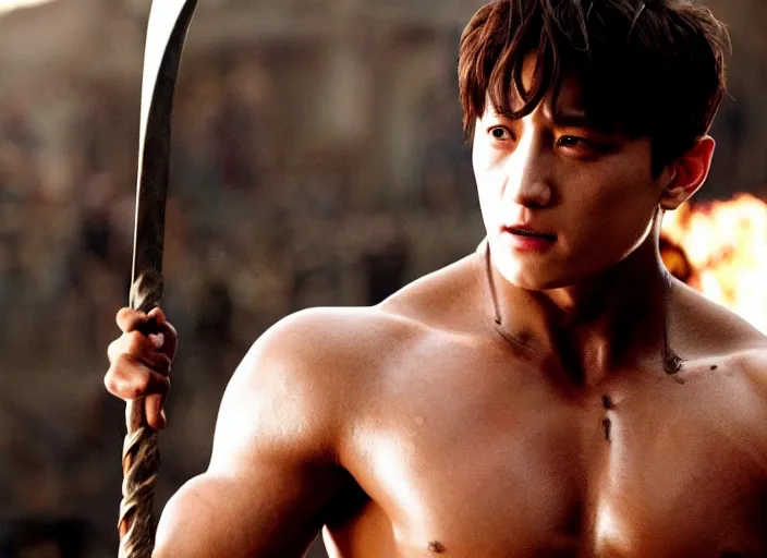 Image similar to film still of jungkook as leonidas in 3 0 0 movie, 8 k