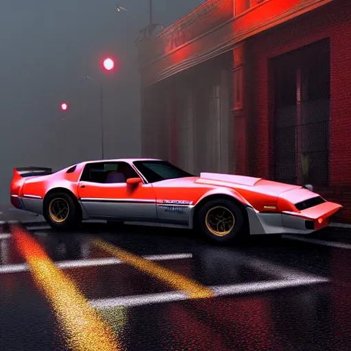 Image similar to hyperdetailed, photorealistic photograph of a 1 9 8 2 pontiac firebird trans - am drifting in the streets, rain, night, dense fog, hd, unreal engine 5 by greg rutowski, by stanley artgerm, by alphonse mucha