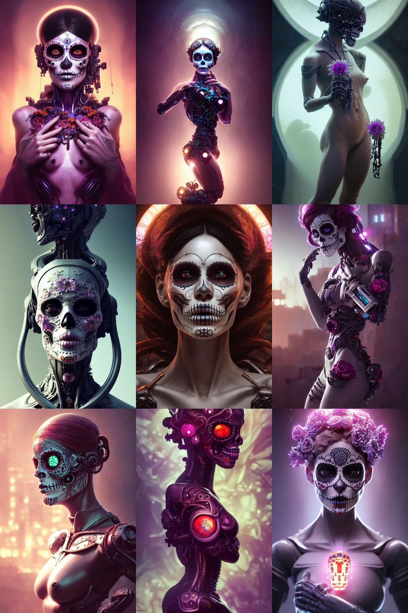 Prompt: the creation, female android, intricate detailed, ultra hyper realistic, dia de los muertos, cyberpunk flowerpunk, octane render, noir, concept art, unreal engine 5, photorealism, hd, 8 k, 3 d, beautiful, cinematic. art by artgerm and greg rutkowski and alphonse mucha and michelangelo, loish and wlop