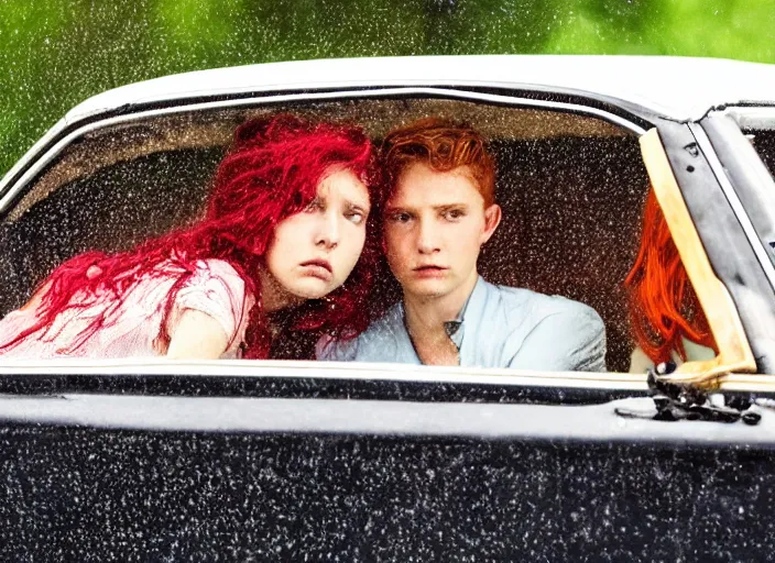 Image similar to A very high resolution image from a new movie, inside of a car, teen red hair woman, raining, hot, directed by wes anderson