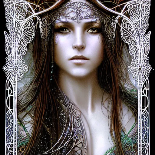 Prompt: a closeup portrait of a beautiful female art nouveau bohemian cyberpunk musician in filigree fractal robes by ted nasmith and luis royo