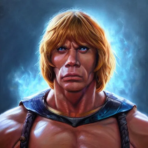 Prompt: ultra realistic portrait painting of he - man, stanley artgerm, 4 k, ultra realistic, highly detailed, epic lighting