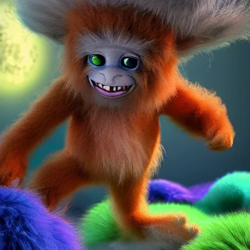 Prompt: cute colorful fuzzy alien monsters with long flowing detailed fur, detailed high quality 3 d render unreal engine in the style of maurice sendak, 4 k